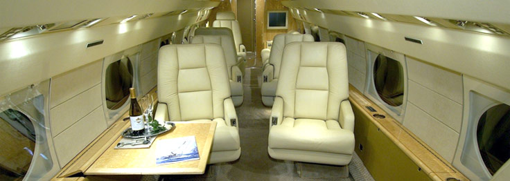 Private jet seating with white interior